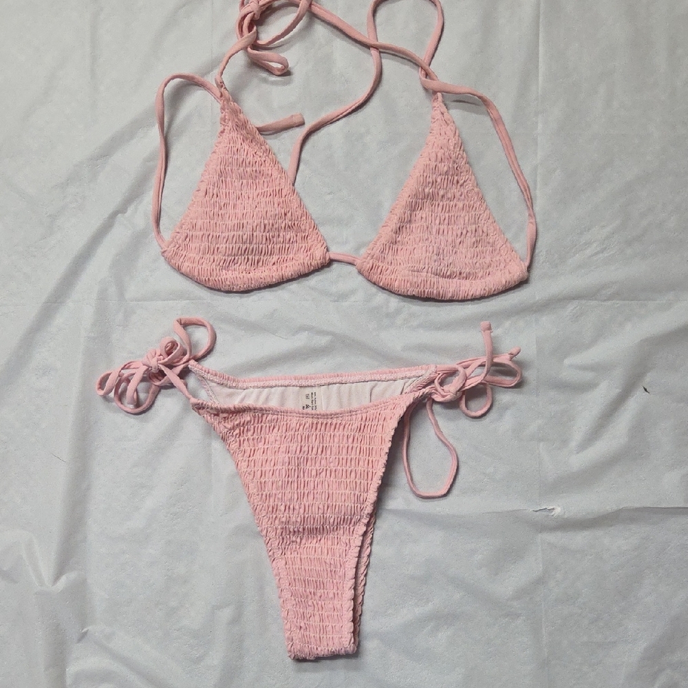 Pink Smocked Triangle Bikini Set - Women Swim